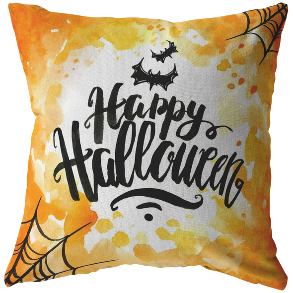 Happy Halloween Orange and Bats Throw Pillow