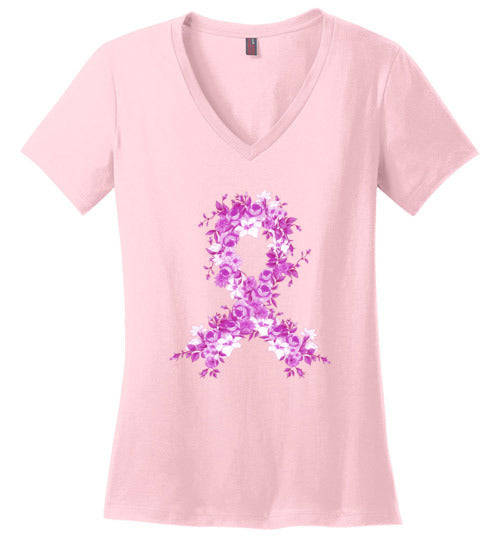 Pink Ribbon with Flowers Women’s V Neck T-Shirt