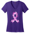 Pink Ribbon with Flowers Women’s V Neck T-Shirt