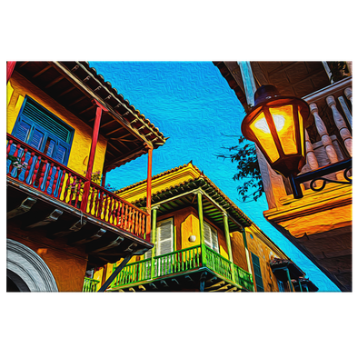 Cartagena Streetlights Colombia Oleo Style Painting Canvas Wall Art