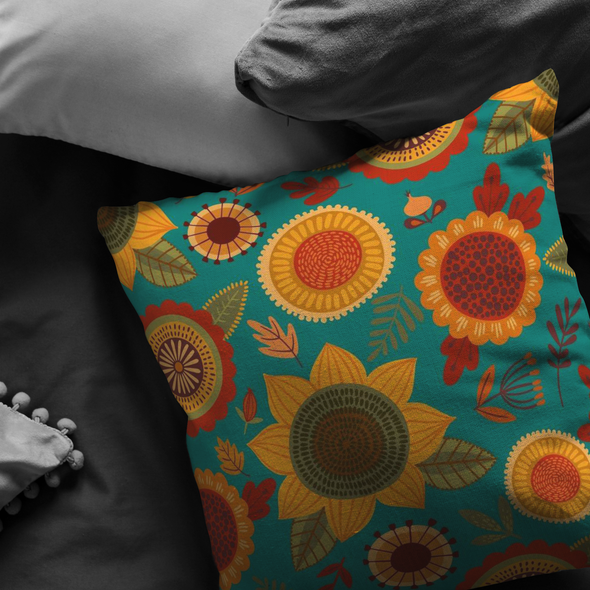 Funky Fall Flowers Throw Pillow